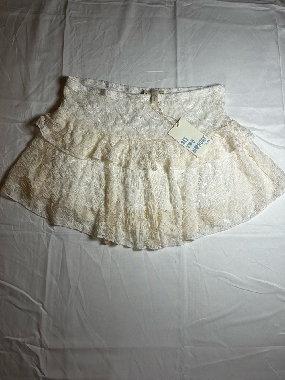 See You Monday Cream Lace Ruffle Tiered Mini Skirt